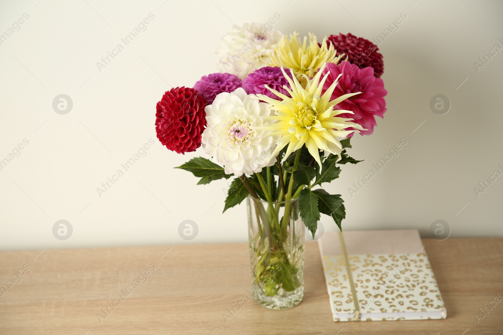 Bouquet of beautiful Dahlia flowers in vase and notebook on wooden table near white wall Photo of Bouquet of beautiful Dahlia flowers in vase and notebook on wooden table near white wall