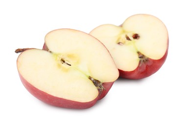 Photo of Halves of ripe red apple on white background