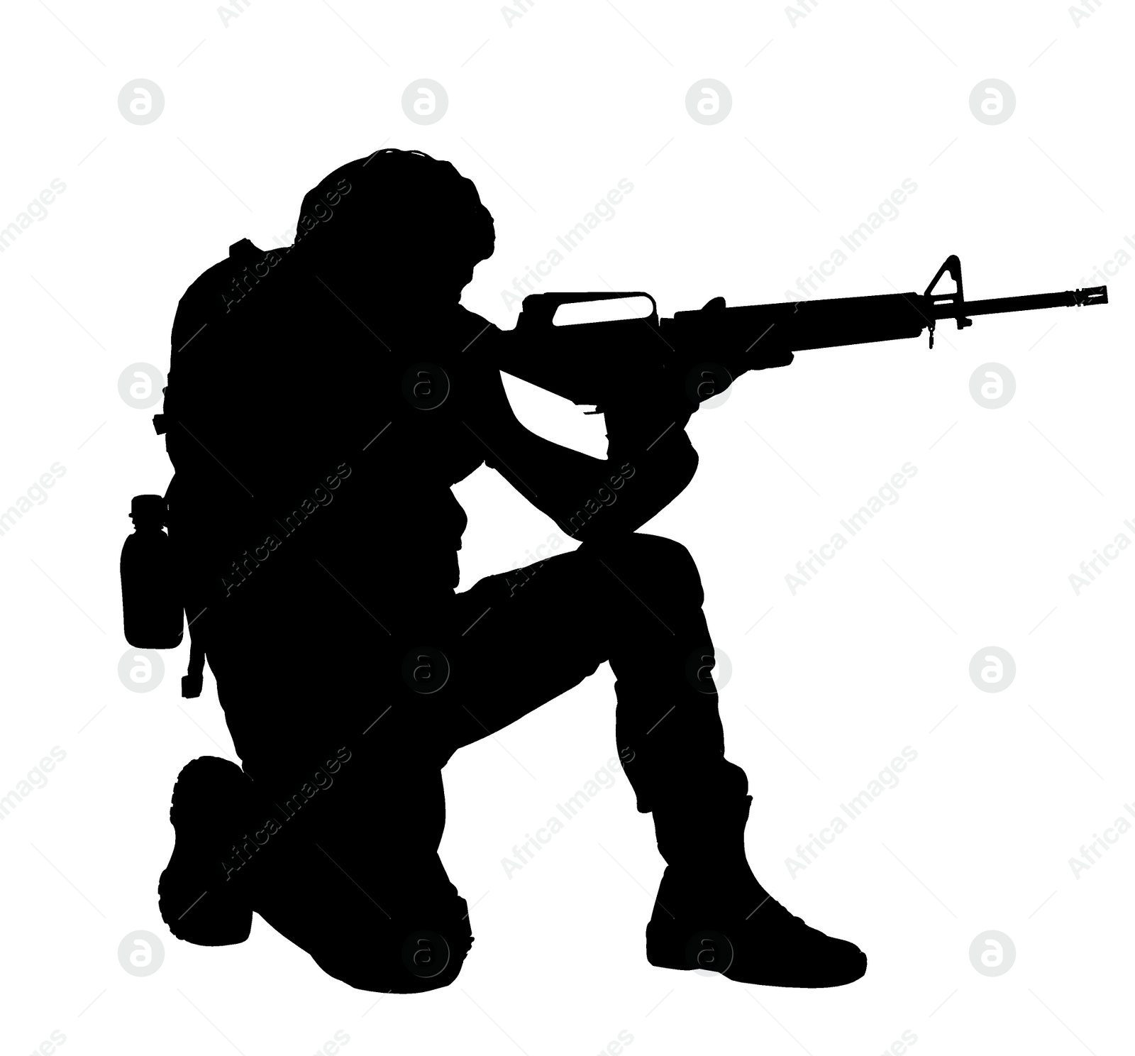 Image of Silhouette of soldier with assault rifle on white background. Military service