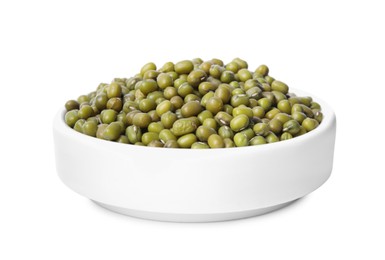 Bowl with green mung beans isolated on white. Organic grains