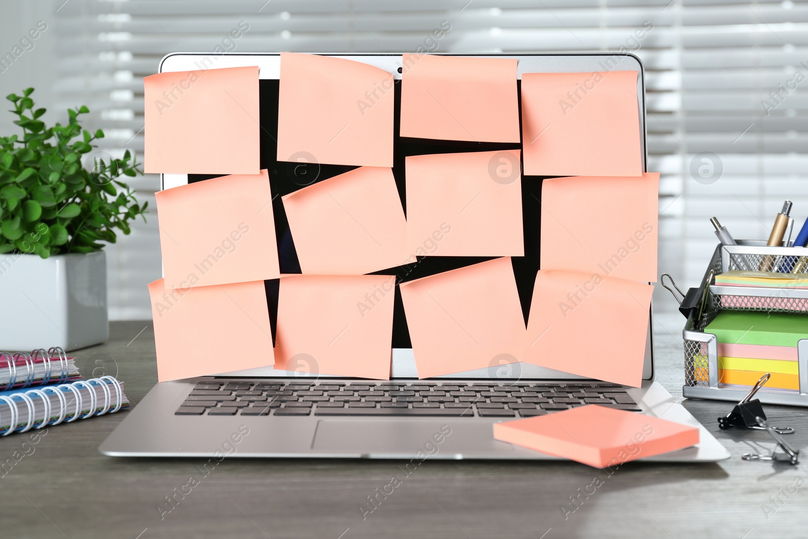 Photo of Laptop with pink sticky notes on wooden table indoors