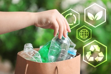 Image of Woman paper bag full of garbage on blurred background, closeup. Recycling and other icons near her