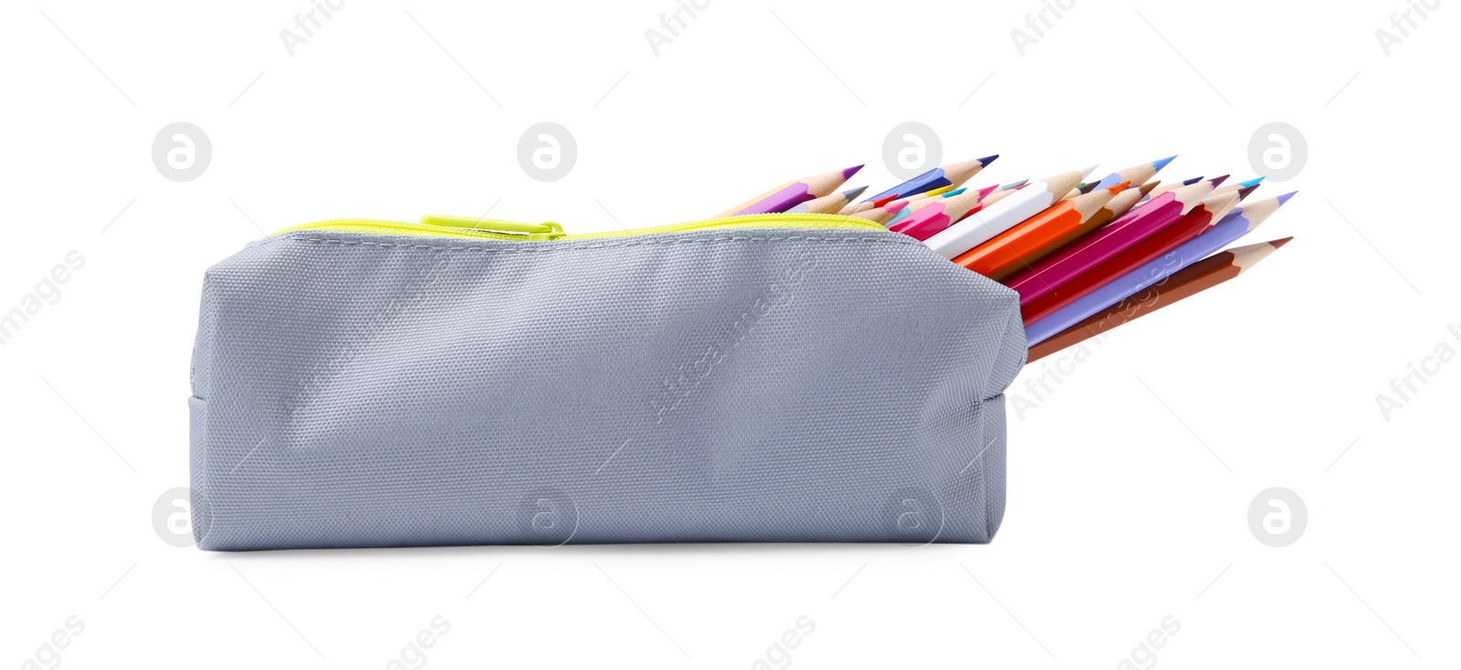 Photo of Many colorful pencils in pencil case isolated on white