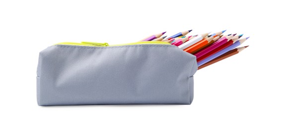 Many colorful pencils in pencil case isolated on white