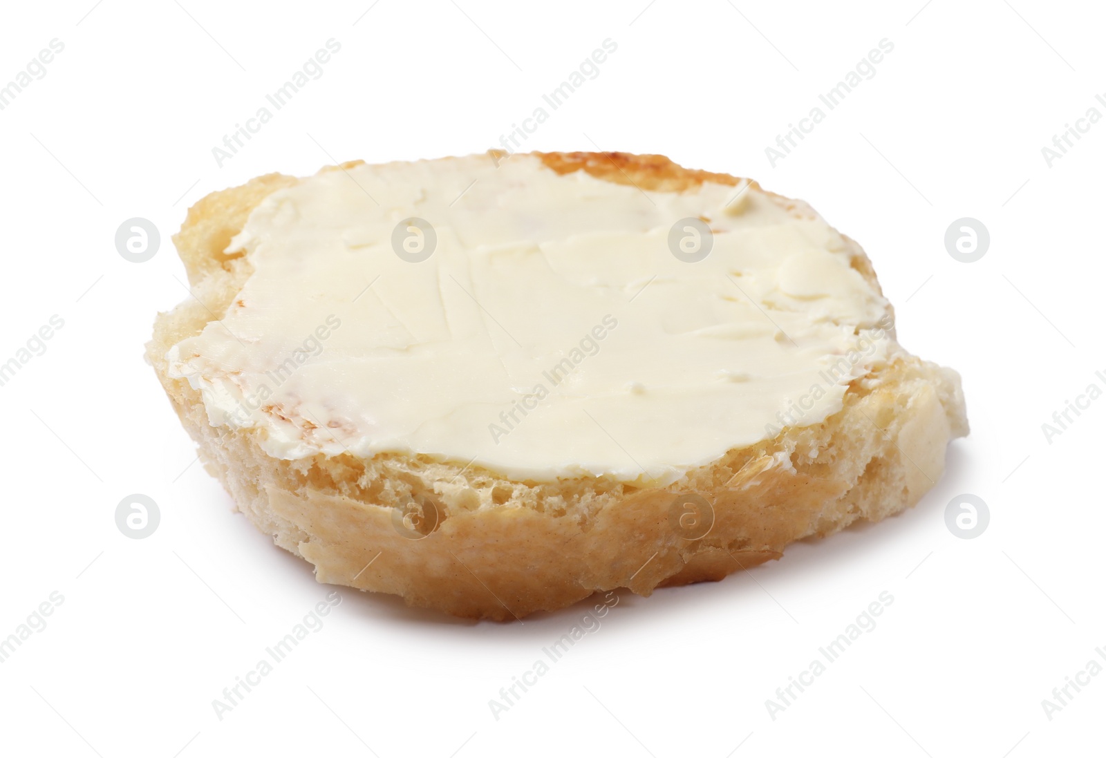 Photo of Piece of baguette with butter isolated on white