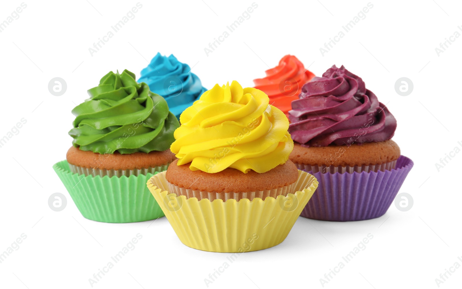 Photo of Different delicious colorful cupcakes on white background