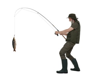 Photo of Fisherman catching fish with rod on white background