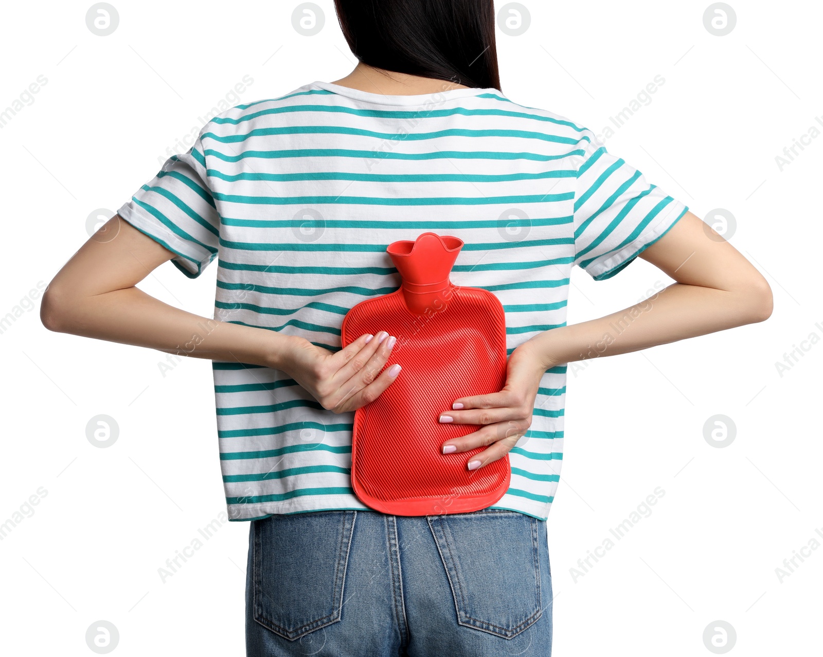 Photo of Woman using hot water bottle to relieve low back pain on white background, closeup