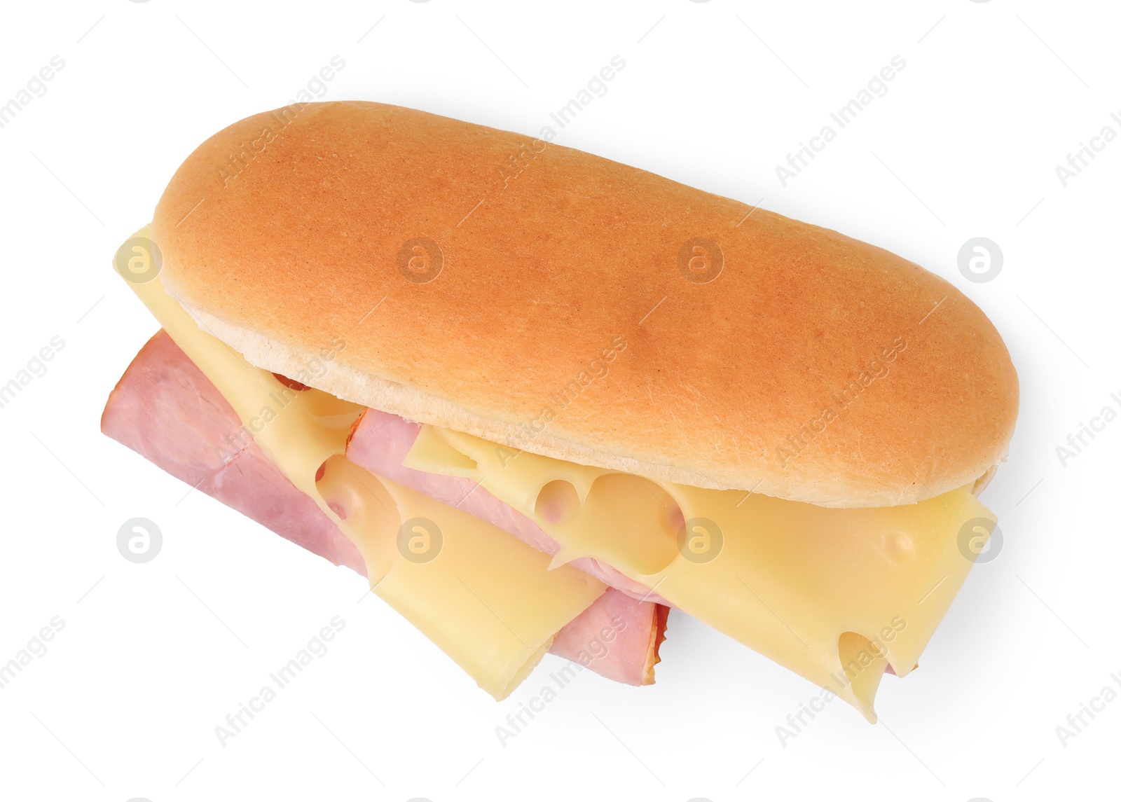 Photo of Delicious sandwich with ham and cheese isolated on white, top view