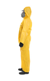 Man wearing chemical protective suit on white background. Virus research