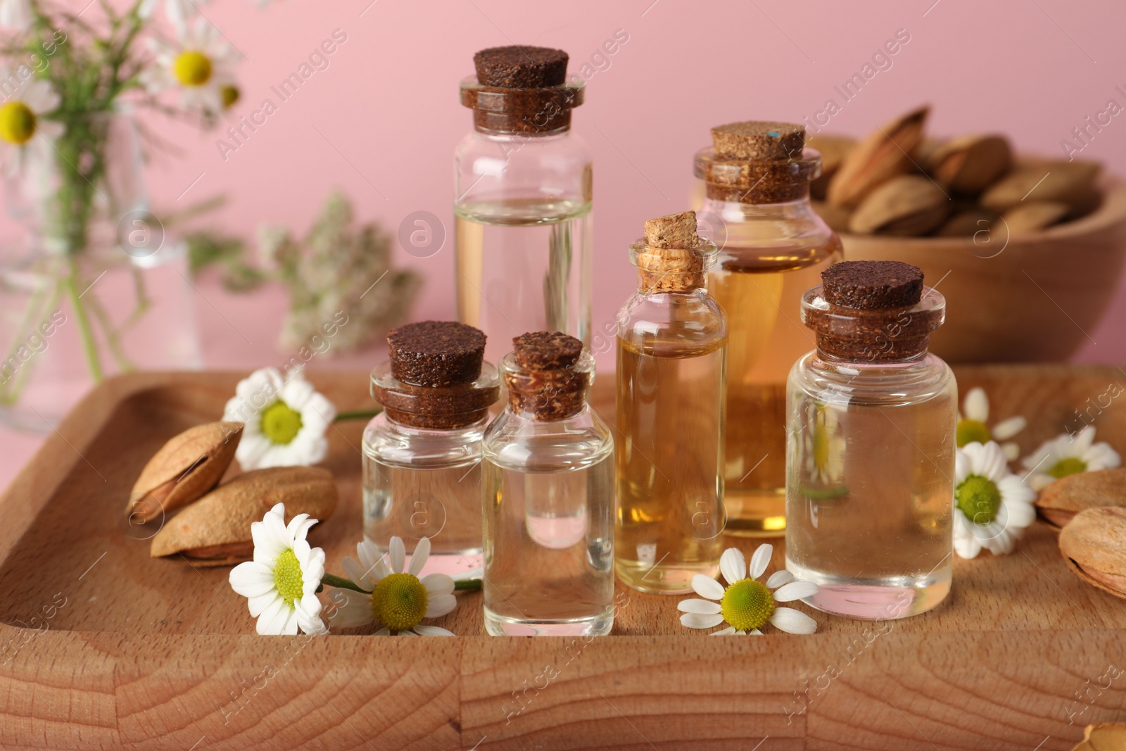 Photo of Aromatherapy. Different essential oils, flowers and almonds on pink background