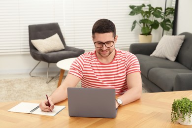 Photo of Man working with laptop at wooden table in room