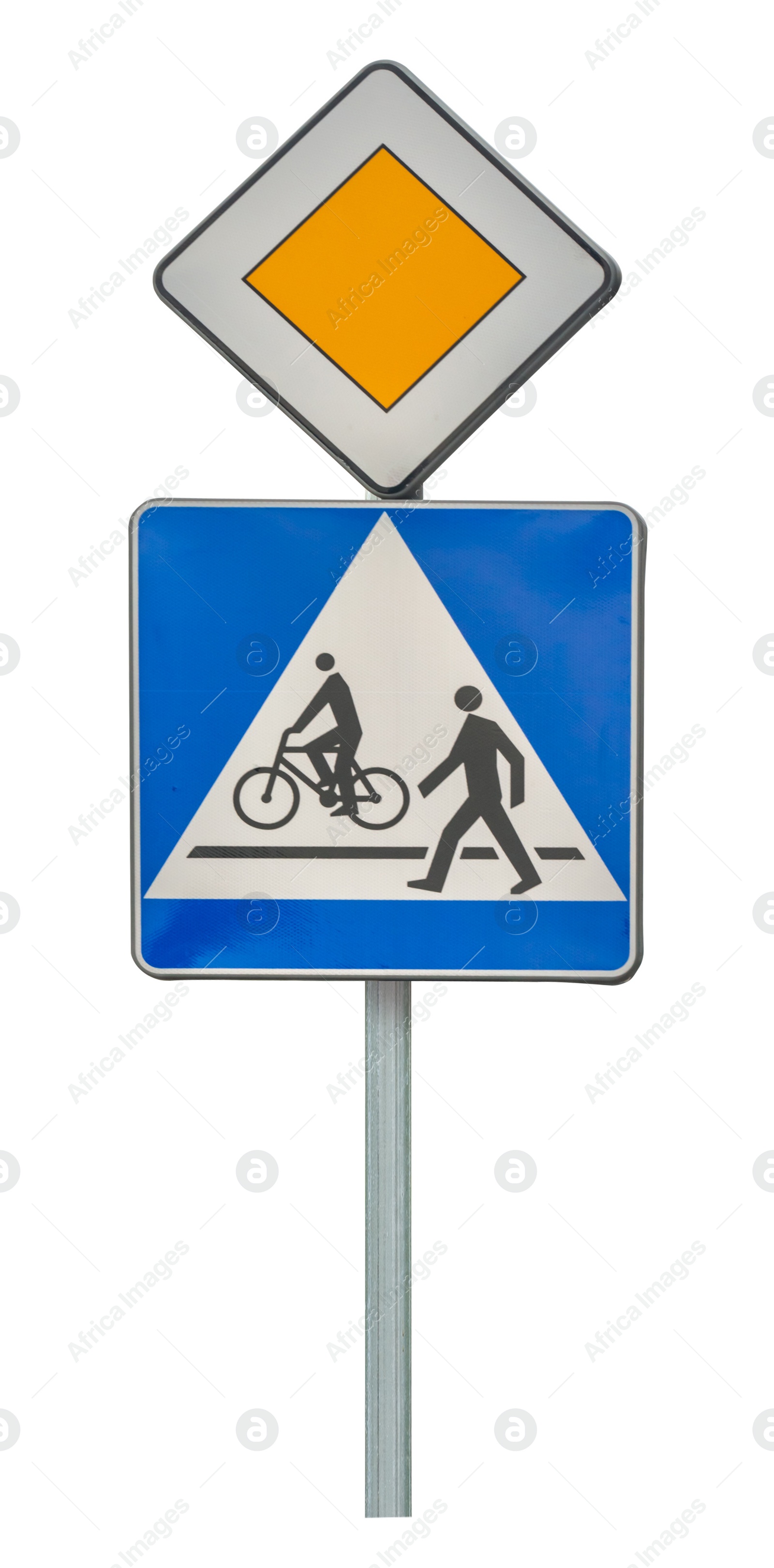Image of Post with Priority Road and Pedestrian signs isolated on white