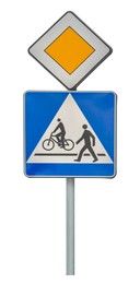 Image of Post with Priority Road and Pedestrian signs isolated on white