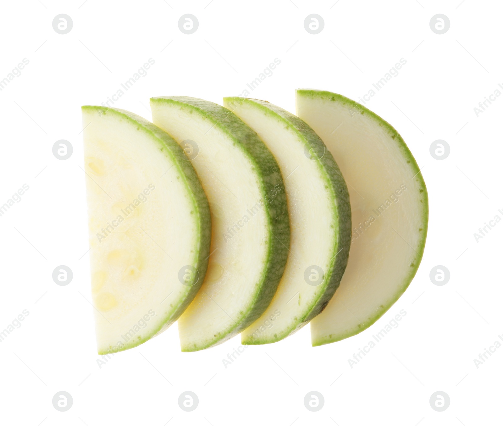 Photo of Slices of ripe zucchini on white background, top view