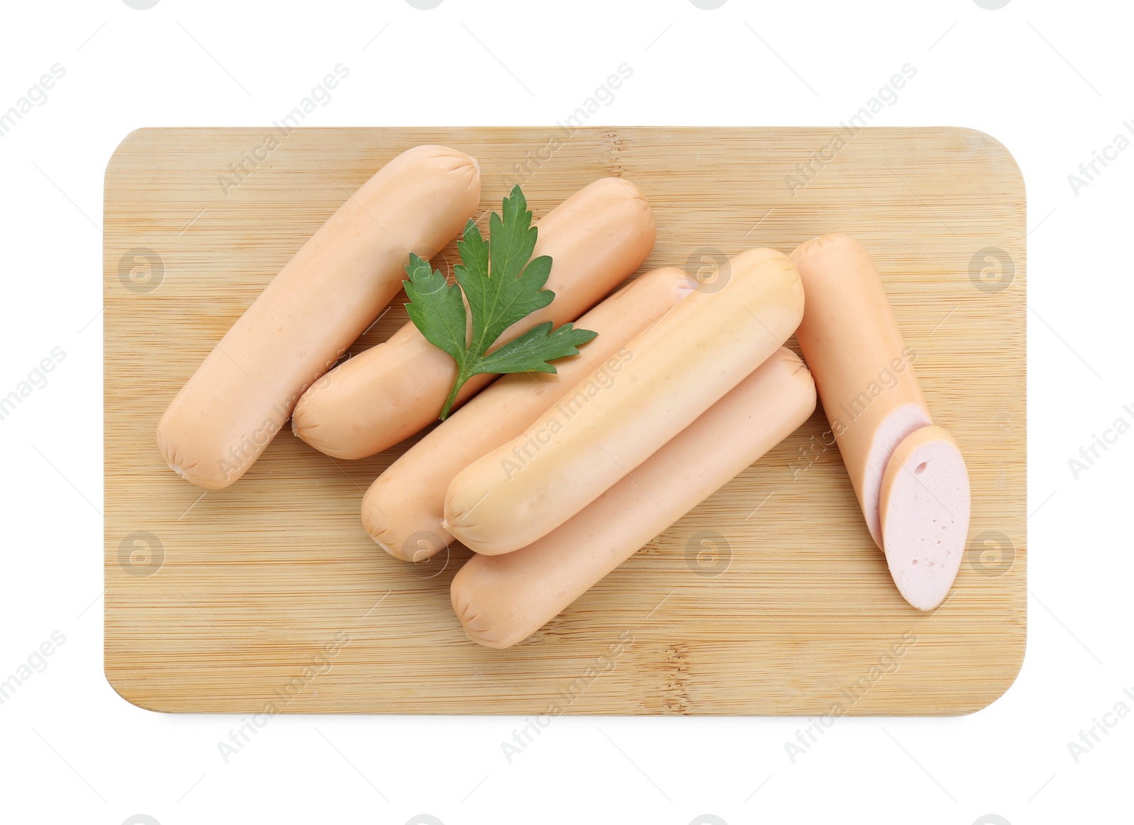 Photo of Fresh raw sausages and parsley isolated on white, top view. Meat product