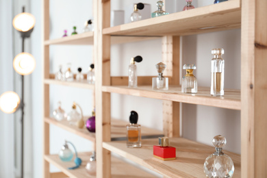 Photo of Different perfume bottles on wooden rack indoors