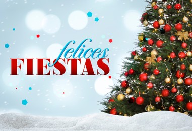 Image of Felices Fiestas. Festive greeting card with happy holiday's wishes in Spanish and Christmas tree on light background
