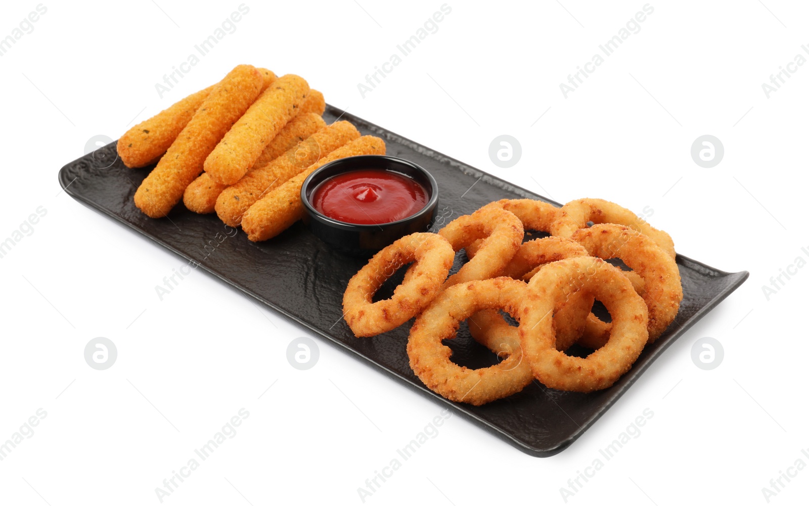 Photo of Tasty fried onion rings, cheese sticks and ketchup isolated on white