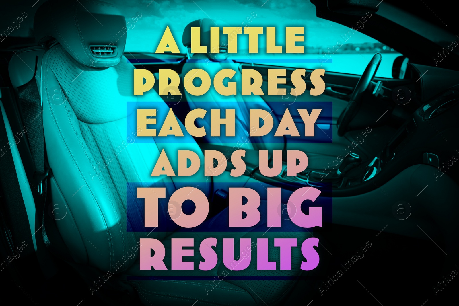 Image of A Little Progress Each Day Adds Up To Big Results. Inspirational quote motivating to make small positive actions daily towards weighty effect. Text against luxury car interior