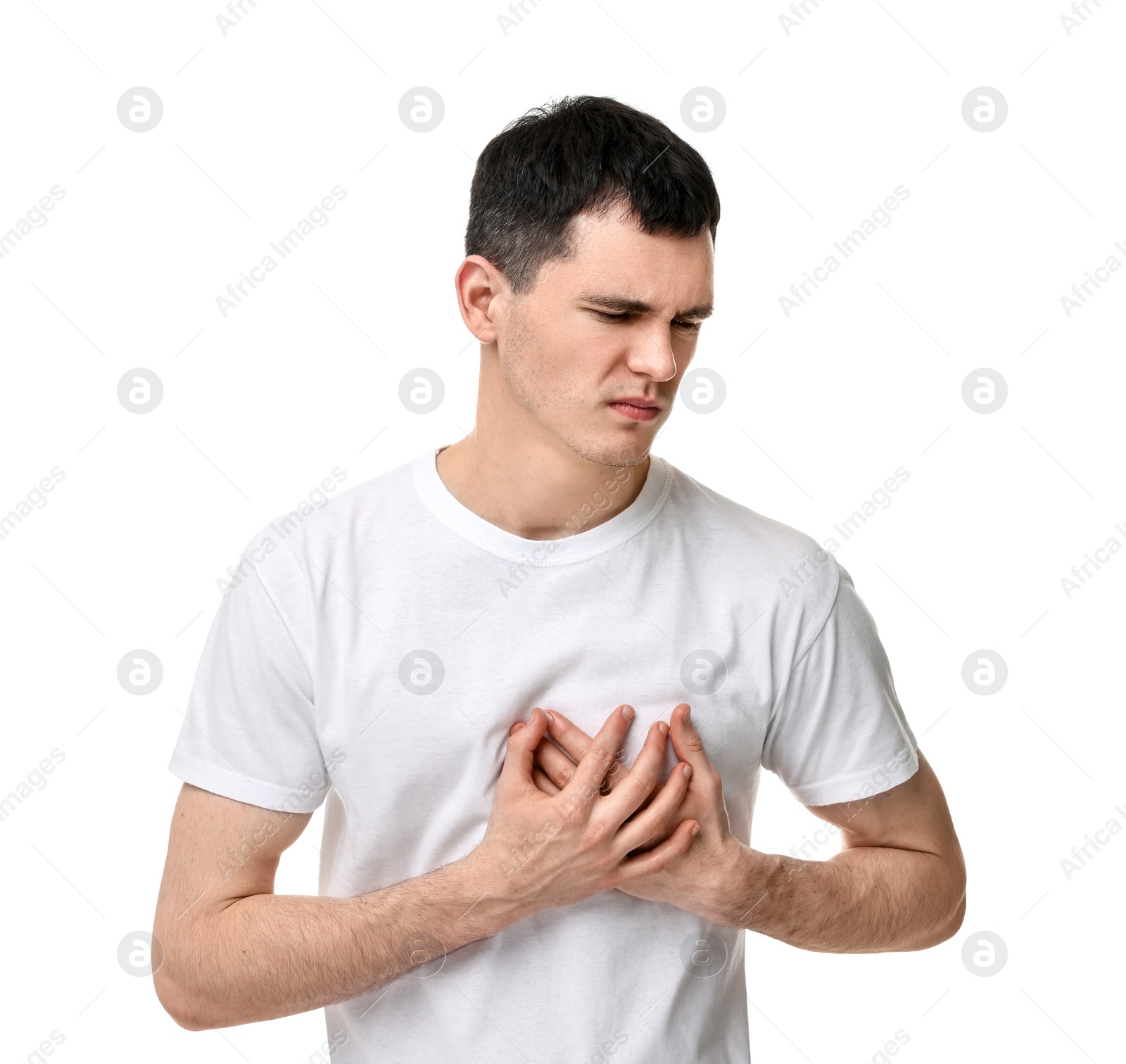 Photo of Man suffering from heart hurt on white background