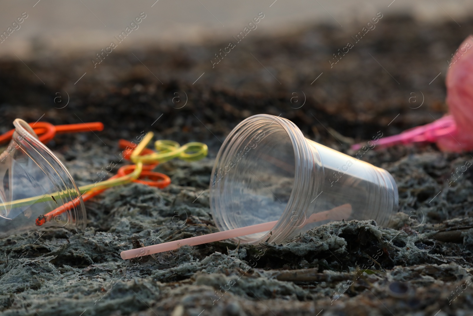 Photo of Used plastic cups and straws at beach, closeup and space for text. Environmental pollution concept