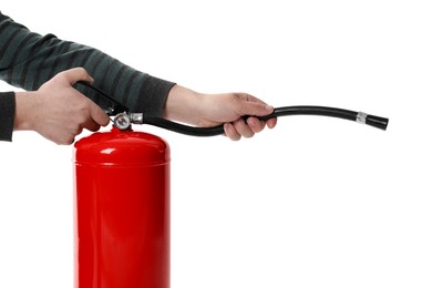 Photo of Man with fire extinguisher on white background, closeup