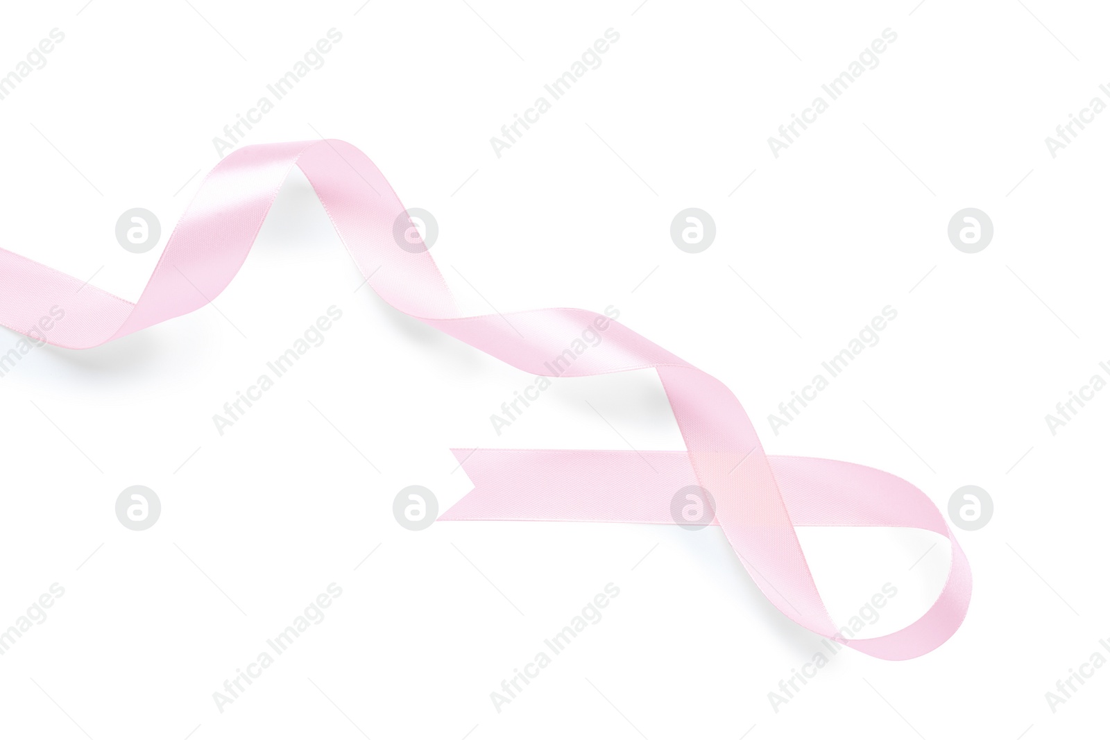 Photo of Beautiful pink ribbon isolated on white, top view