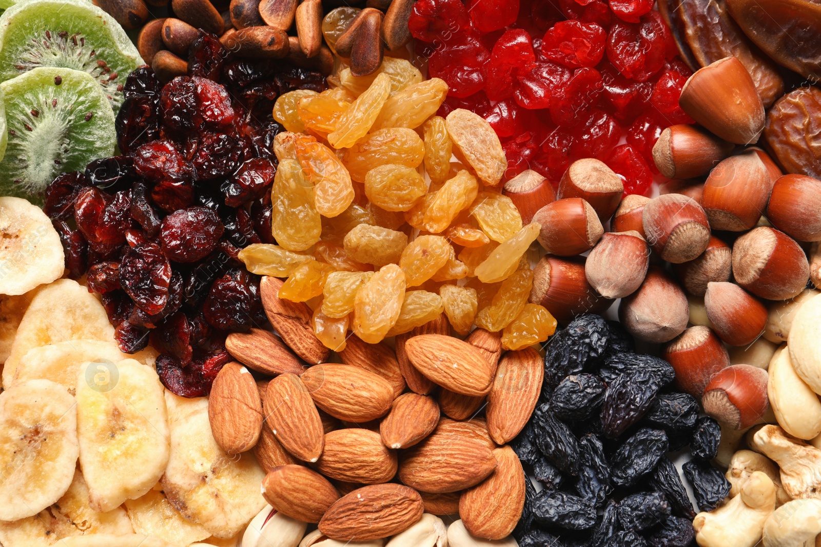 Photo of Different dried fruits and nuts as background, closeup