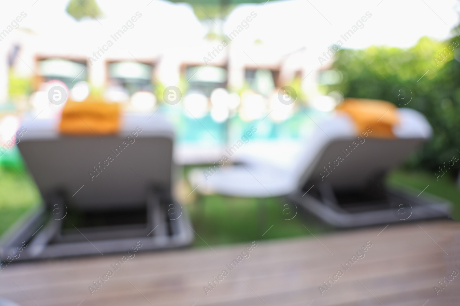 Photo of Sunbeds near swimming pool at luxury resort, blurred view