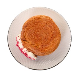 Photo of Round croissant with cream isolated on white, top view. Tasty puff pastry