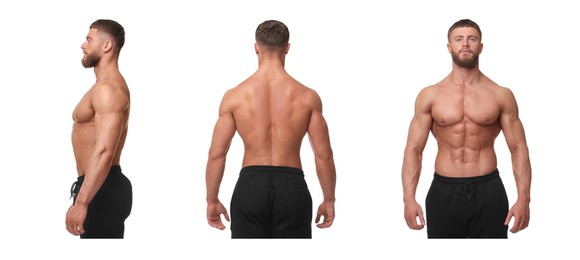 Image of Handsome bodybuilder on white background. Front, side and back photos