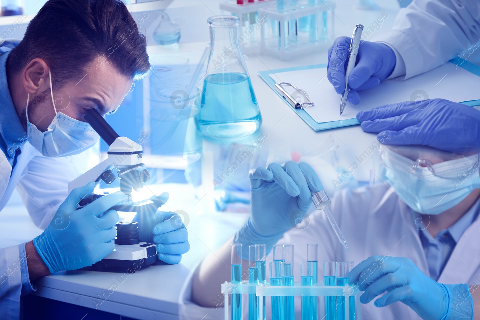 Image of Testing, analysis and experiment. Laboratory employees working, multiple exposure