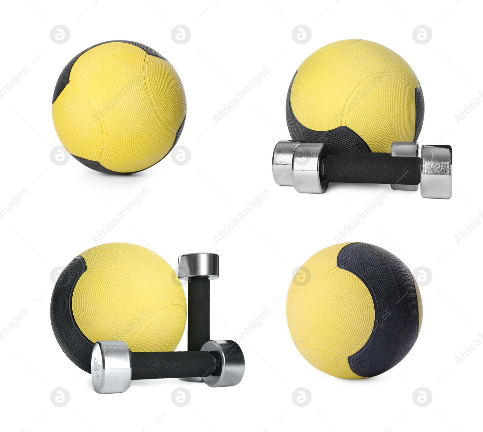 Image of Set with medicine balls and dumbbells on white background 