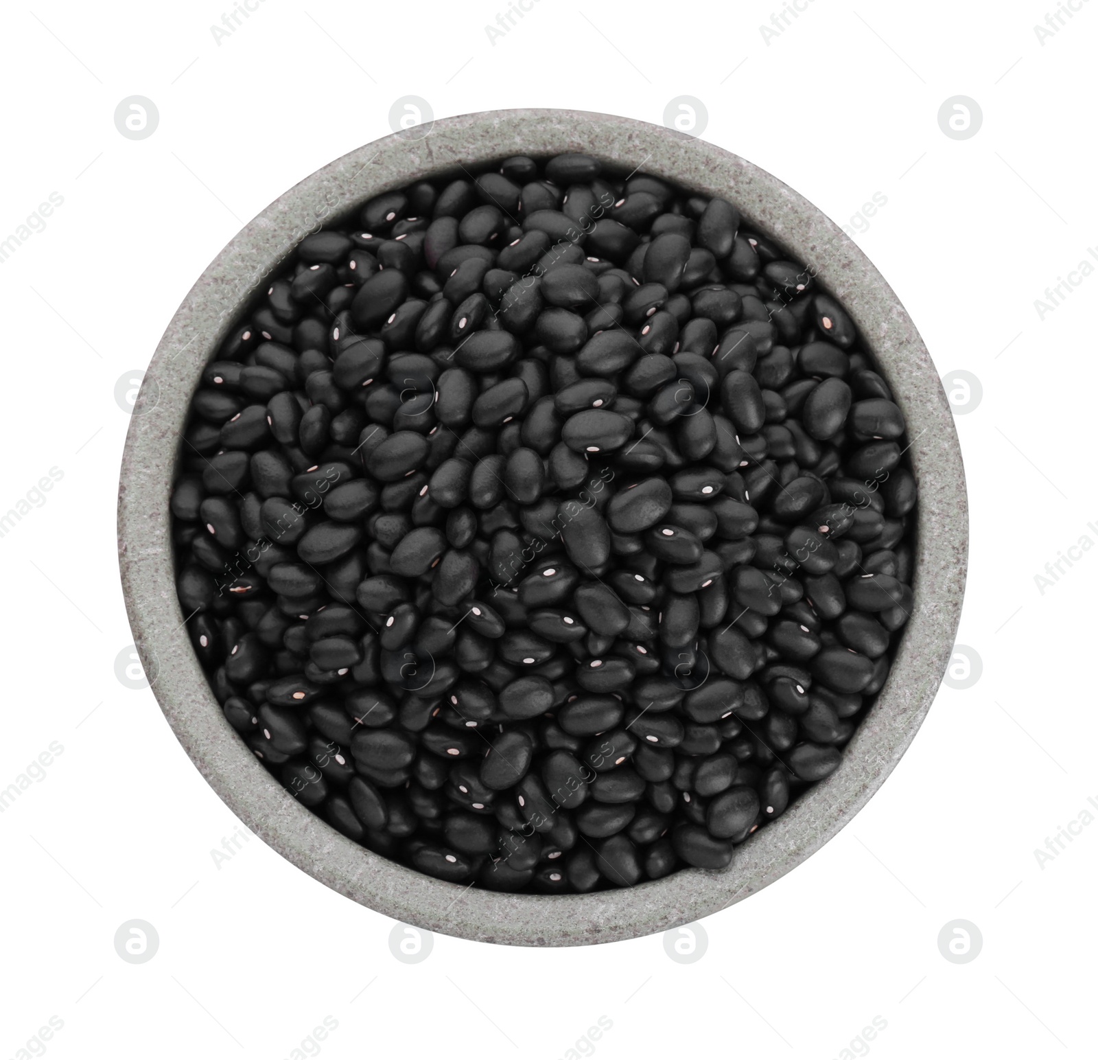 Photo of Bowl of raw black beans isolated on white, top view