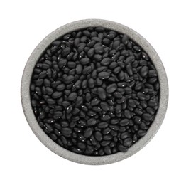 Bowl of raw black beans isolated on white, top view