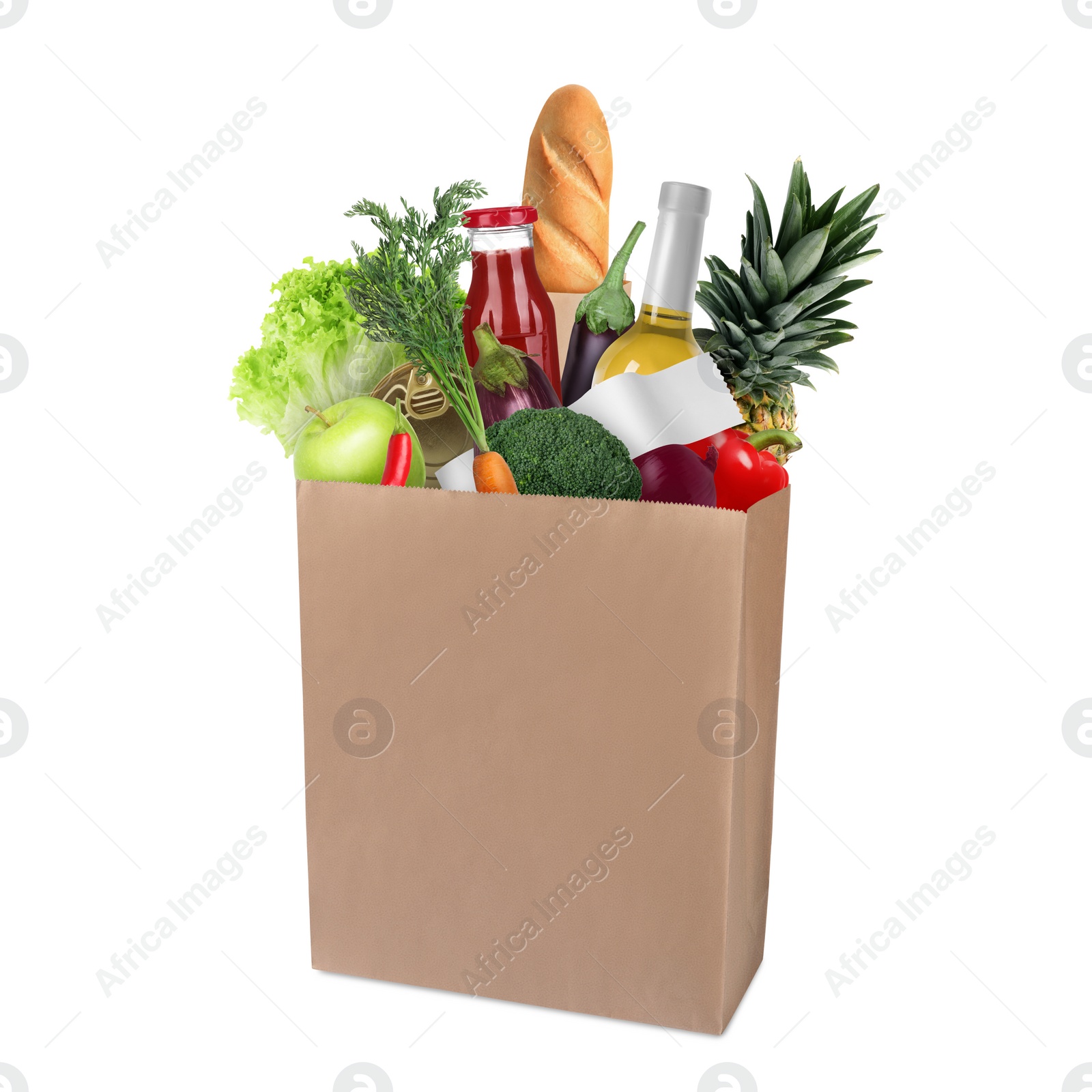 Image of Paper bag with different products and receipt isolated on white