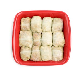 Stuffed cabbage rolls in baking dish isolated on white, top view