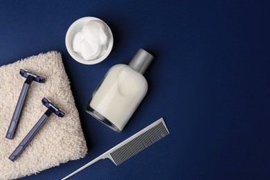 Photo of Flat lay composition with shaving accessories for men on blue background. Space for text