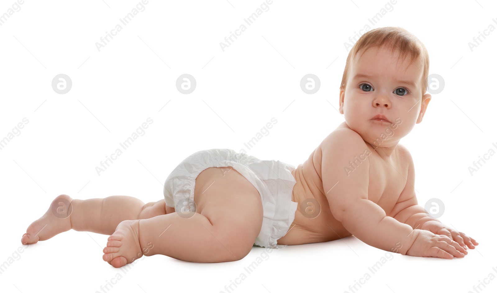 Photo of Cute little baby crawling on white background