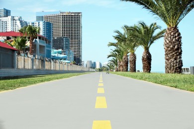 Photo of Bicycle lane with yellow dividing lines painted on asphalt, closeup