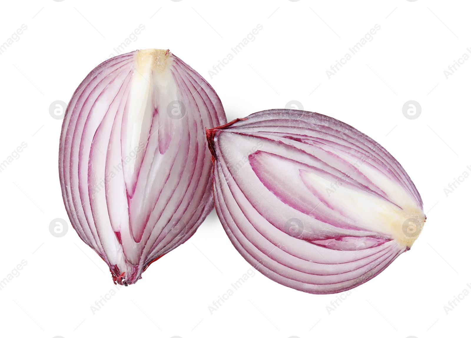Photo of Fresh cut red onion isolated on white, top view