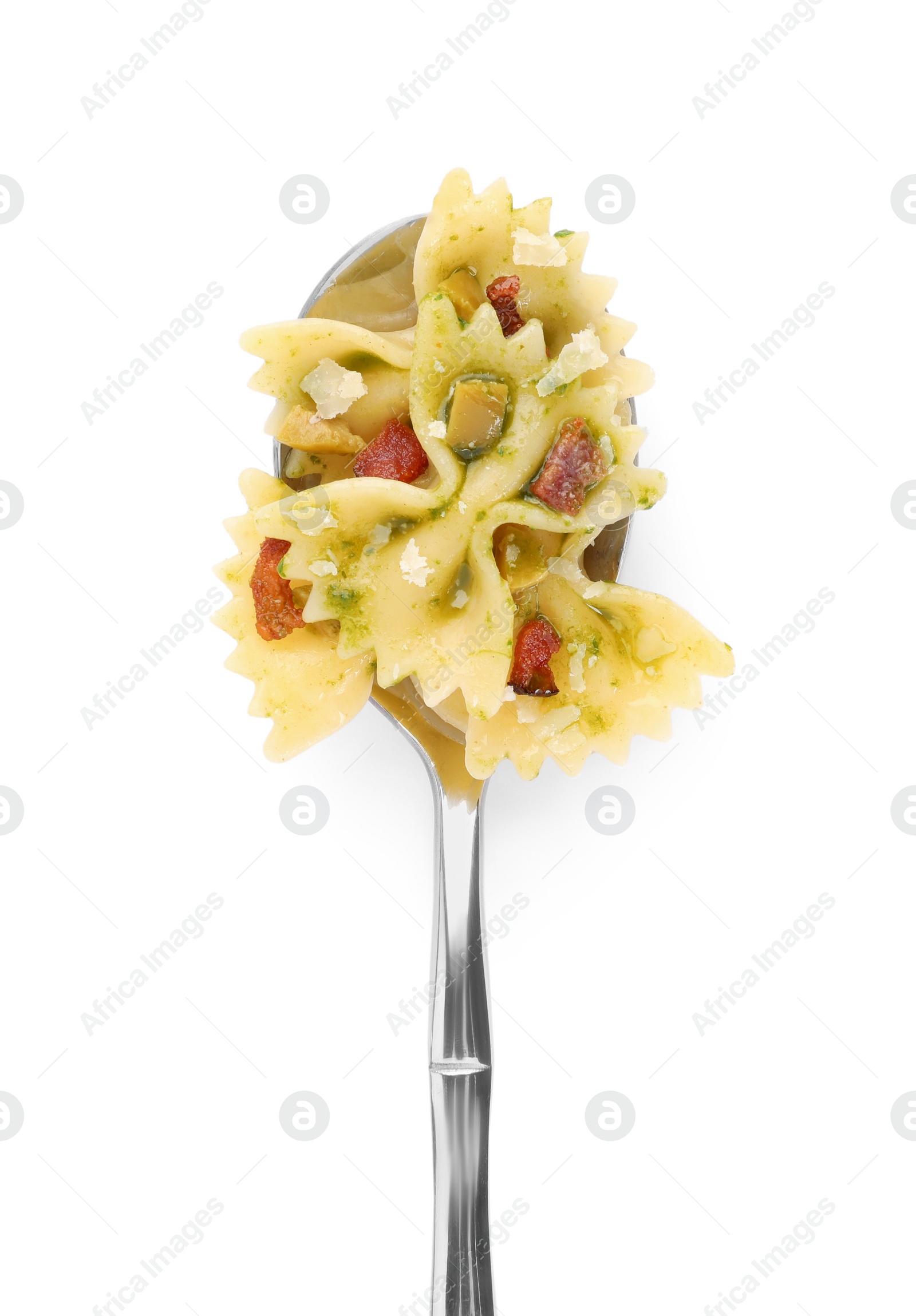 Photo of Spoon with tasty pasta isolated on white, top view