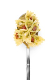 Photo of Spoon with tasty pasta isolated on white, top view