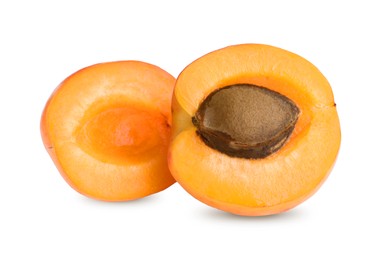 Photo of Halves of delicious ripe apricot on white background