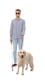 Photo of Blind person with long cane and guide dog on white background