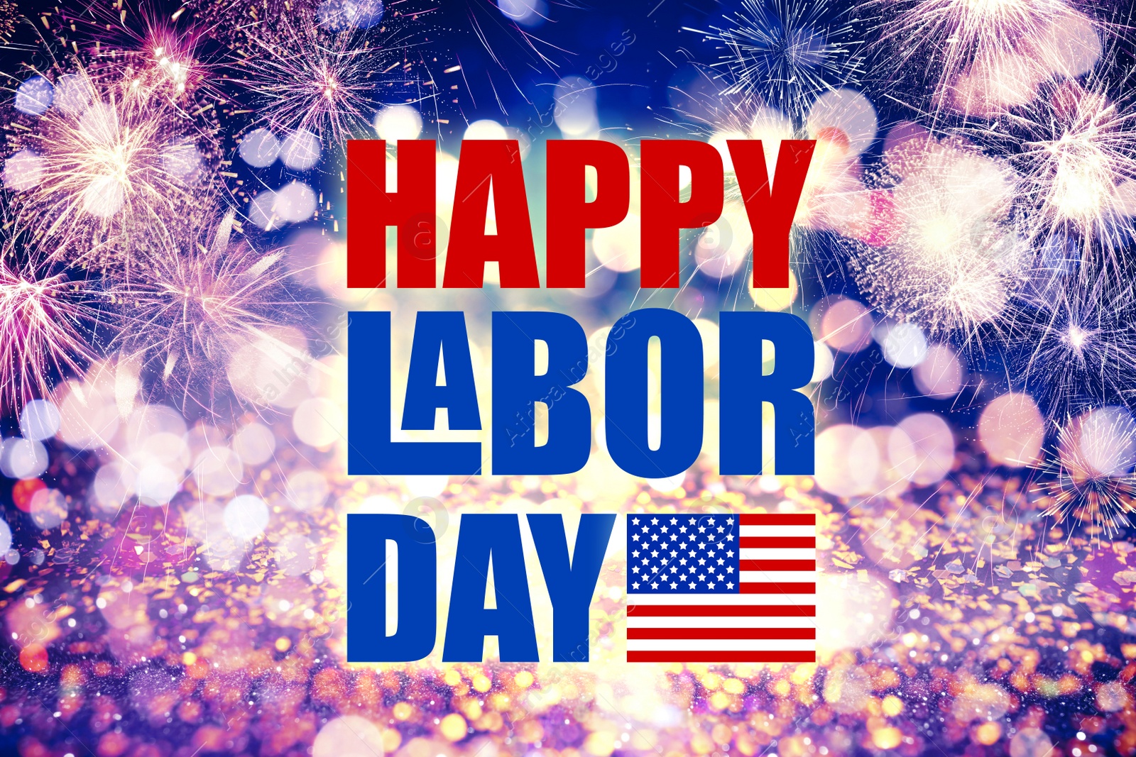 Image of Happy Labor Day. Festive background with fireworks and glitters, bokeh effect