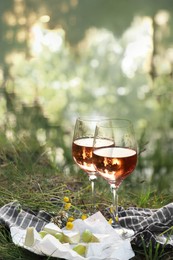 Photo of Glasses of delicious rose wine, cheese and grapes on picnic blanket near lake, space for text