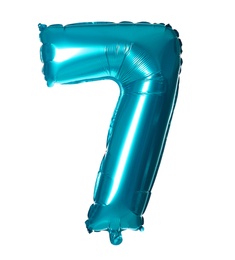 Blue number seven balloon on white background