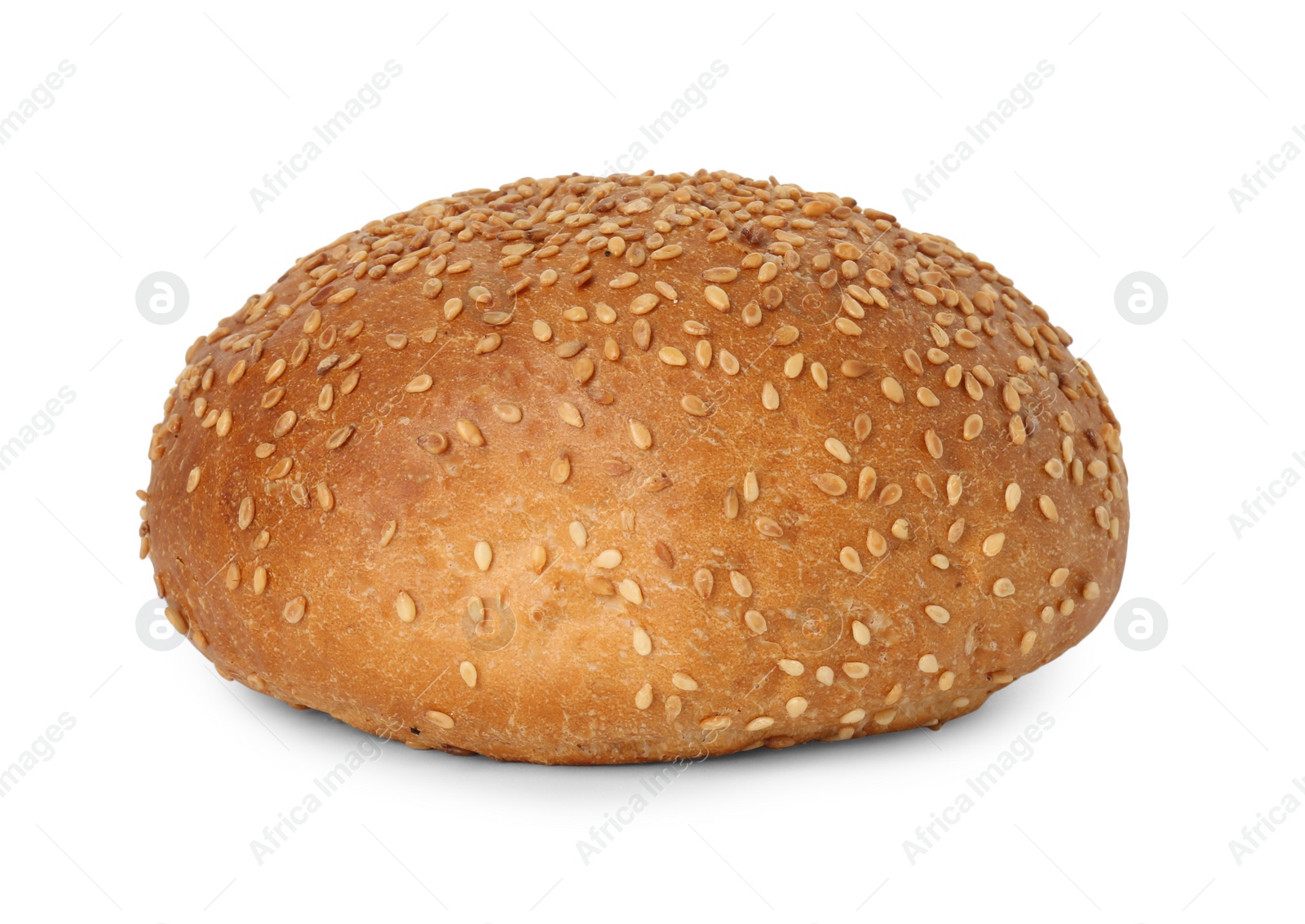 Photo of One fresh hamburger bun with sesame seeds isolated on white